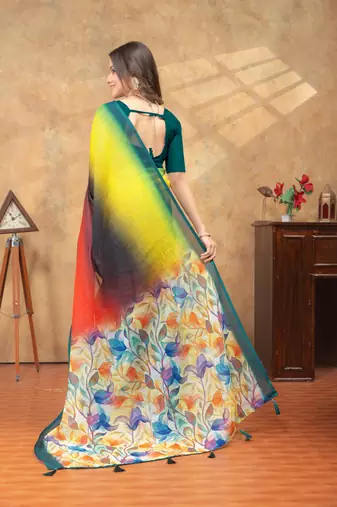multicolor Linen cotton ready to wear saree with unstitched blouse