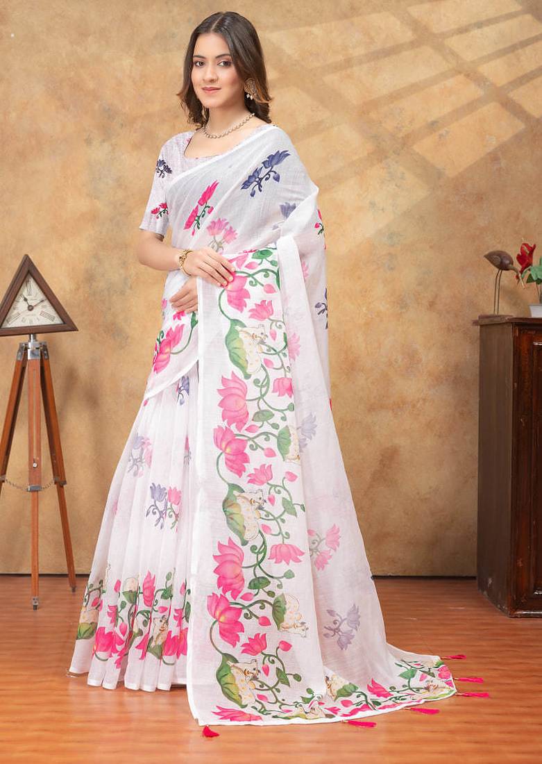 off white colour Linen cotton ready to wear saree with unstitched blouse
