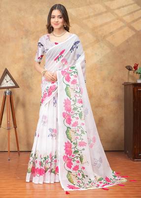 off white colour Linen cotton ready to wear saree with unstitched blouse 4