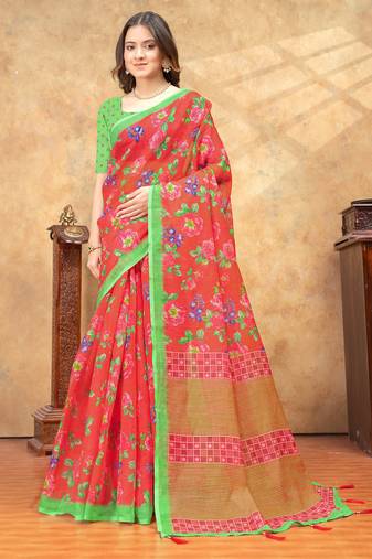 red colour Linen cotton ready to wear saree with unstitched blouse