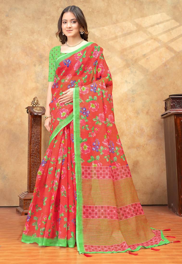 red colour Linen cotton ready to wear saree with unstitched blouse