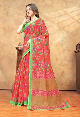 red colour Linen cotton ready to wear saree with unstitched blouse 2