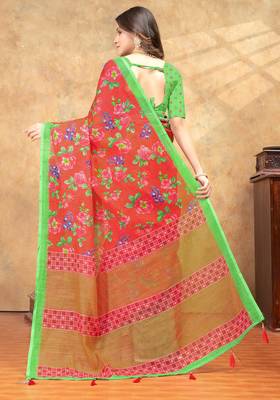 red colour Linen cotton ready to wear saree with unstitched blouse 3