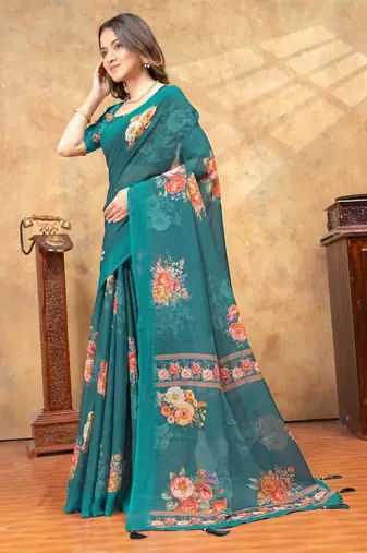 teal blue linen cotton pre draped saree
