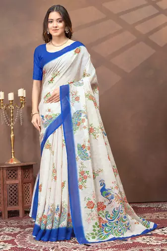 off white colour Linen cotton ready to wear saree with unstitched blouse