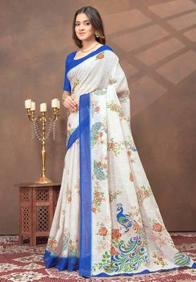 off white colour Linen cotton ready to wear saree with unstitched blouse 2