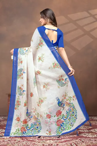off white colour Linen cotton ready to wear saree with unstitched blouse