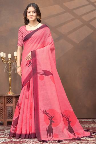 pink colour Linen cotton ready to wear saree with unstitched blouse