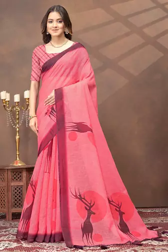 pink colour Linen cotton ready to wear saree with unstitched blouse