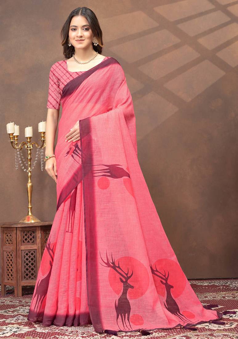 pink colour Linen cotton ready to wear saree with unstitched blouse