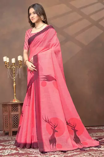 pink colour Linen cotton ready to wear saree with unstitched blouse