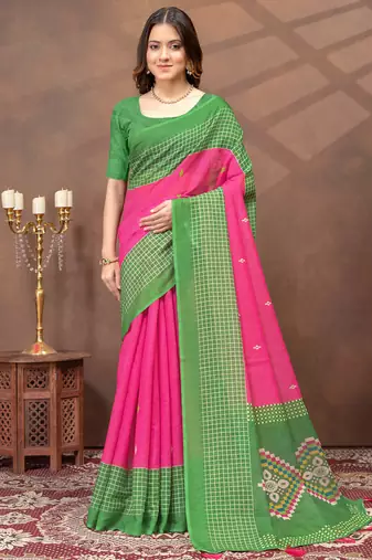 pink colour Linen cotton ready to wear saree with unstitched blouse