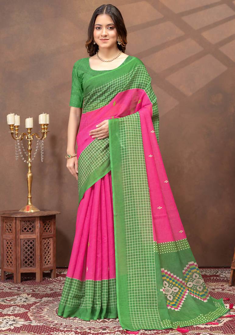 pink colour Linen cotton ready to wear saree with unstitched blouse