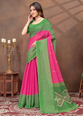 pink colour Linen cotton ready to wear saree with unstitched blouse 2