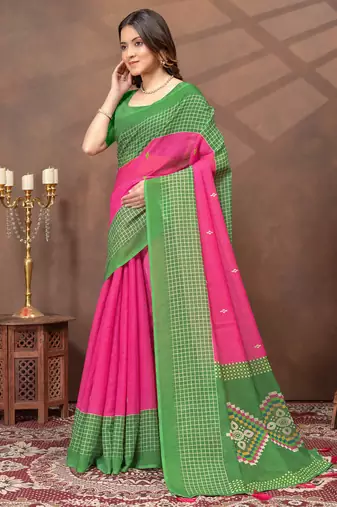pink colour Linen cotton ready to wear saree with unstitched blouse