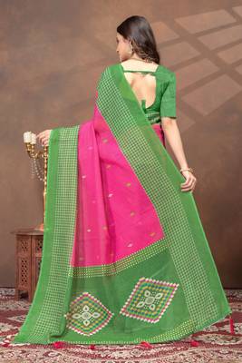 pink colour Linen cotton ready to wear saree with unstitched blouse 3
