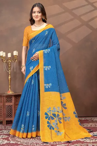 blue colour Linen cotton ready to wear saree with unstitched blouse