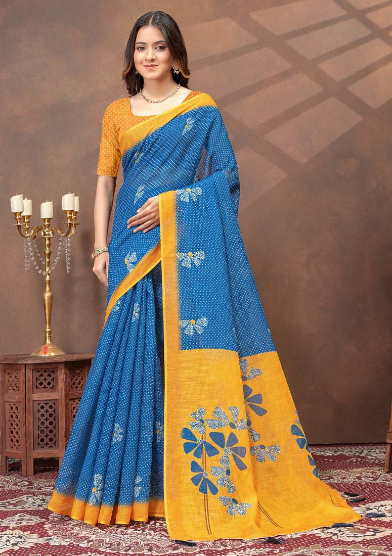 blue colour Linen cotton ready to wear saree with unstitched blouse