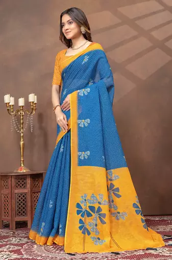 blue colour Linen cotton ready to wear saree with unstitched blouse