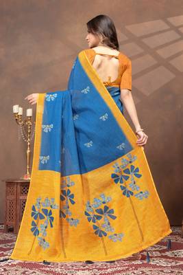 blue colour Linen cotton ready to wear saree with unstitched blouse 3