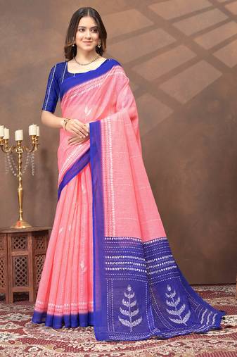 pink colour Linen cotton ready to wear saree with unstitched blouse