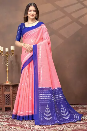 pink colour Linen cotton ready to wear saree with unstitched blouse