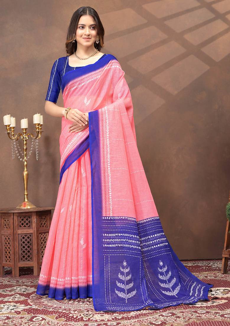 pink colour Linen cotton ready to wear saree with unstitched blouse