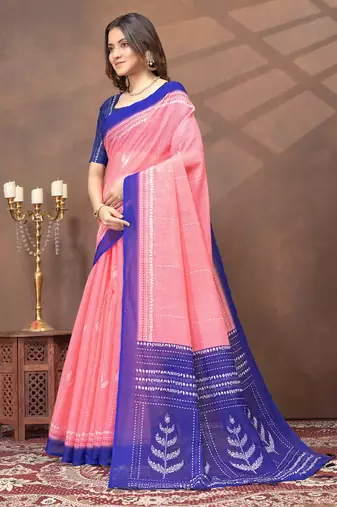 pink colour Linen cotton ready to wear saree with unstitched blouse