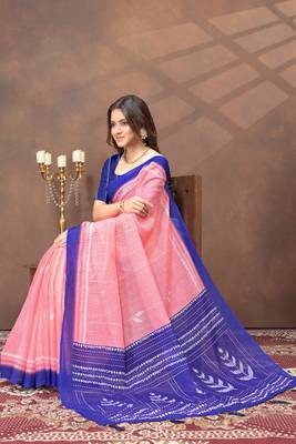 pink colour Linen cotton ready to wear saree with unstitched blouse 4