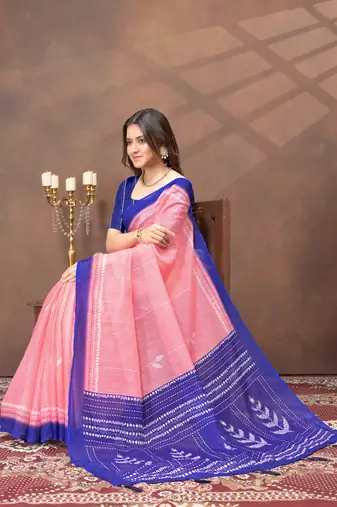 pink colour Linen cotton ready to wear saree with unstitched blouse