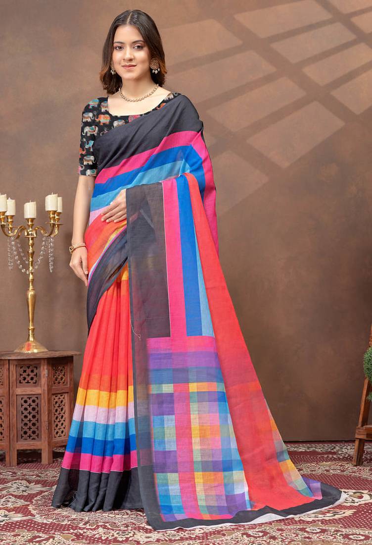 Linen cotton ready to wear saree with unstitched blouse