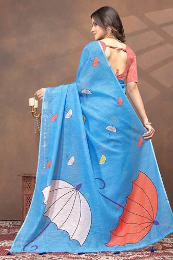 sky blue colour Linen cotton ready to wear saree with unstitched blouse