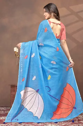sky blue colour Linen cotton ready to wear saree with unstitched blouse