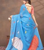 sky blue colour Linen cotton ready to wear saree with unstitched blouse