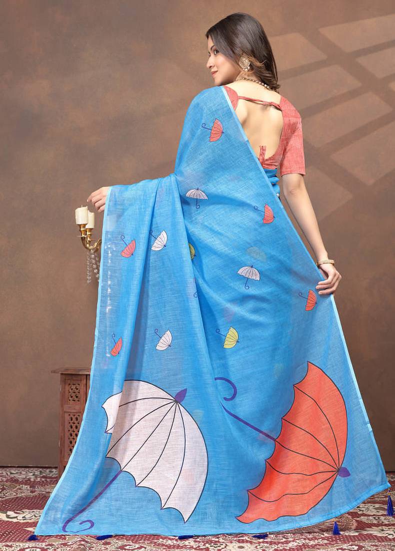 sky blue colour Linen cotton ready to wear saree with unstitched blouse
