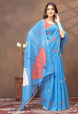 sky blue colour Linen cotton ready to wear saree with unstitched blouse 2