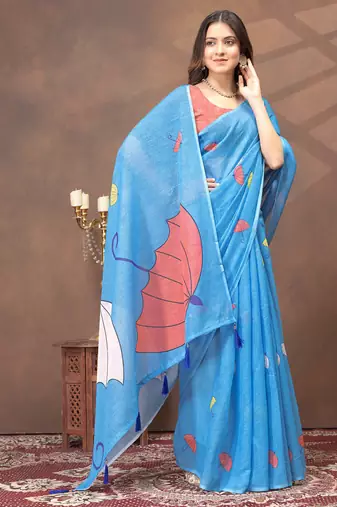 sky blue colour Linen cotton ready to wear saree with unstitched blouse