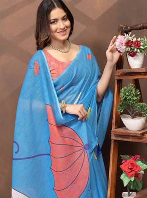 sky blue colour Linen cotton ready to wear saree with unstitched blouse 3