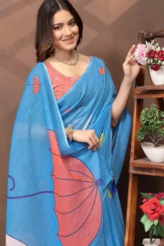 sky blue colour Linen cotton ready to wear saree with unstitched blouse