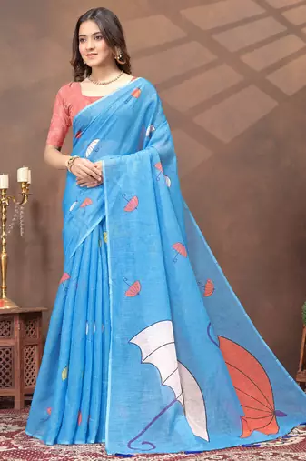 sky blue colour Linen cotton ready to wear saree with unstitched blouse