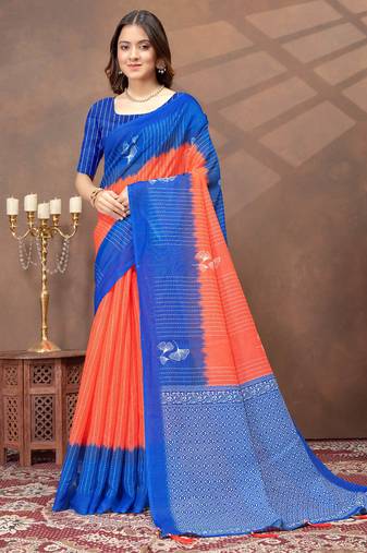 orange linen cotton pre-stitched saree
