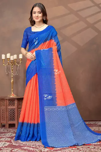 orange colour Linen cotton ready to wear saree with unstitched blouse