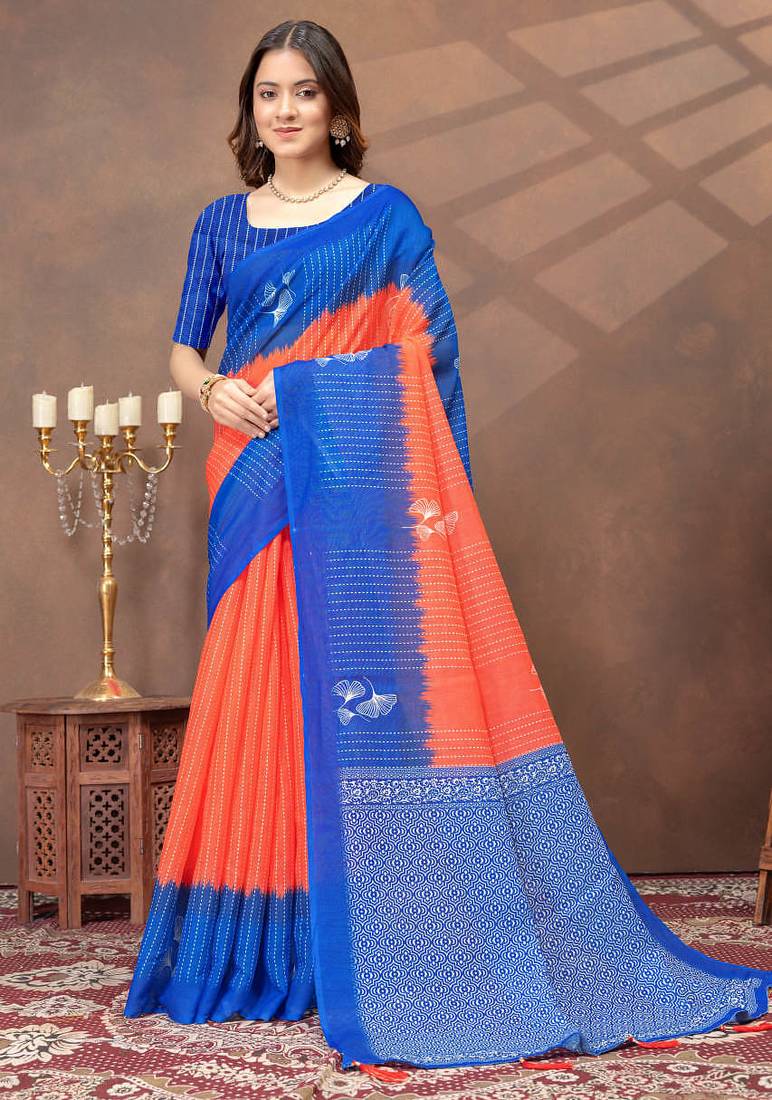 orange colour Linen cotton ready to wear saree with unstitched blouse