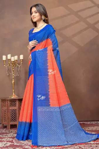 orange linen cotton pre-stitched saree