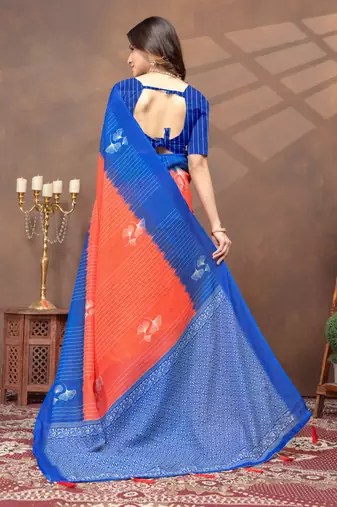 orange linen cotton pre-stitched saree