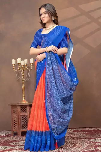 orange linen cotton pre-stitched saree