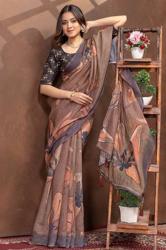 brown colour Linen cotton ready to wear saree with unstitched blouse
