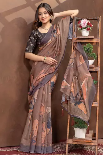brown colour Linen cotton ready to wear saree with unstitched blouse