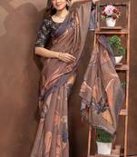 brown colour Linen cotton ready to wear saree with unstitched blouse