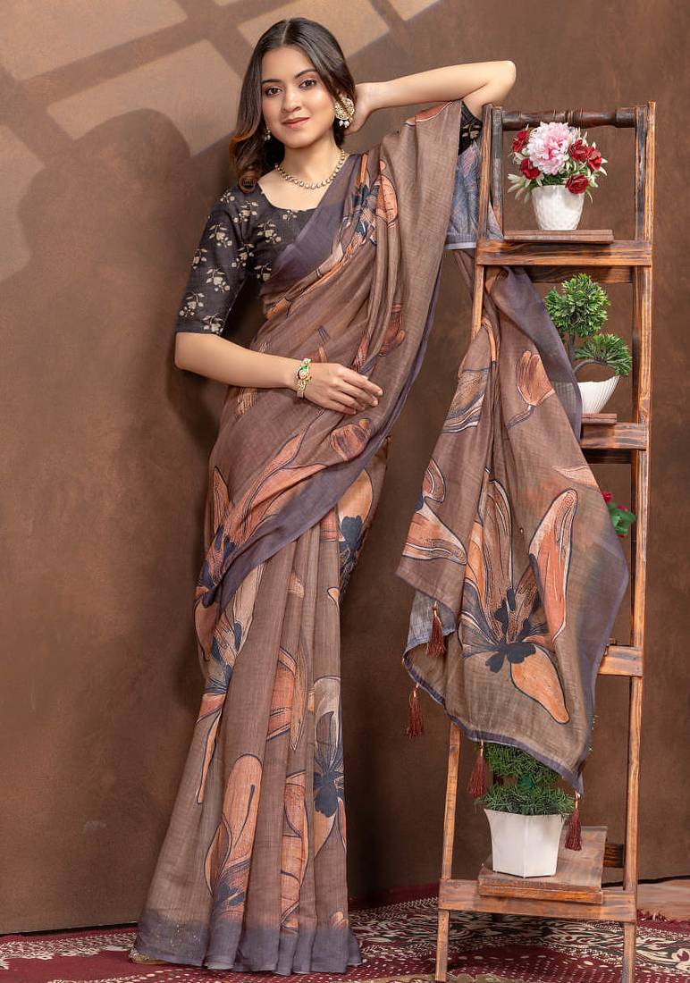 brown colour Linen cotton ready to wear saree with unstitched blouse